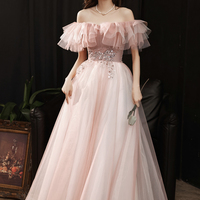 Pink tulle sequins long prom dress pink evening dress - Thumbnail 3