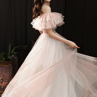 Pink tulle sequins long prom dress pink evening dress - Thumbnail 4