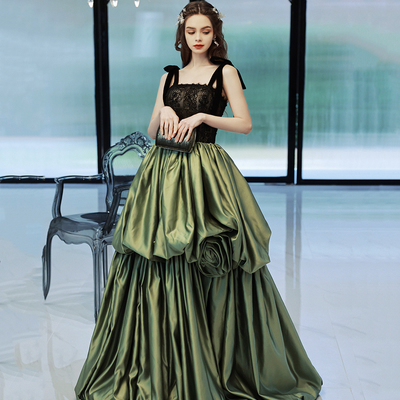 Green satin lace long prom dress green evening dress - Thumbnail 2