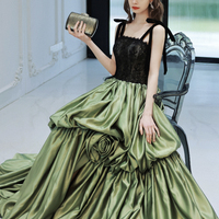 Green satin lace long prom dress green evening dress - Thumbnail 1