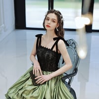 Green satin lace long prom dress green evening dress - Thumbnail 3