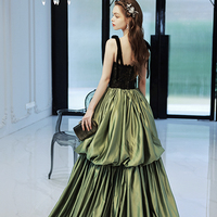 Green satin lace long prom dress green evening dress - Thumbnail 4
