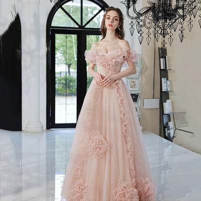 Pink tulle beads long prom dress pink evening dress - Thumbnail 1