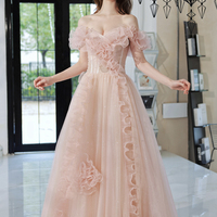 Pink tulle beads long prom dress pink evening dress - Thumbnail 1