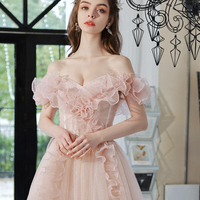 Pink tulle beads long prom dress pink evening dress - Thumbnail 2
