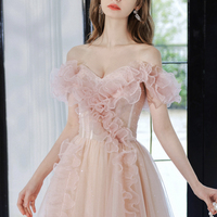 Pink tulle beads long prom dress pink evening dress - Thumbnail 3