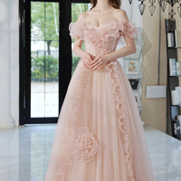 Pink tulle beads long prom dress pink evening dress - Thumbnail 4