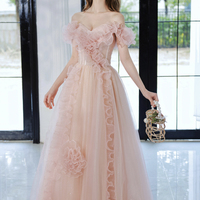 Pink tulle beads long prom dress pink evening dress - Thumbnail 6