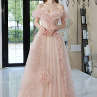 Pink tulle beads long prom dress pink evening dress - Thumbnail 8