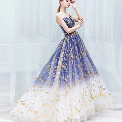 Blue gradient tulle long prom dress a line evening dress - Thumbnail 2