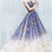 Blue gradient tulle long prom dress A line evening dress - Thumbnail 5