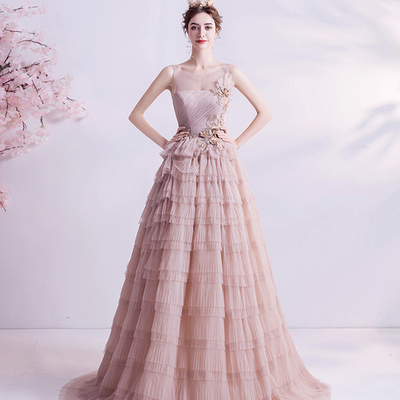 Pink tulle sequins long prom dress evening dress - Thumbnail 1