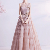 Pink tulle sequins long prom dress evening dress - Thumbnail 1