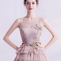 Pink tulle sequins long prom dress evening dress - Thumbnail 3