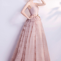 Pink tulle sequins long prom dress evening dress - Thumbnail 4