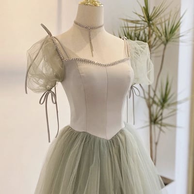 Green satin tulle long prom dress a line evening dress - Thumbnail 3