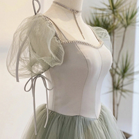 Green satin tulle long prom dress A line evening dress - Thumbnail 1