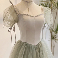 Green satin tulle long prom dress A line evening dress - Thumbnail 2