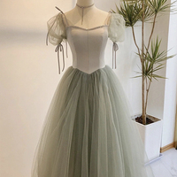 Green satin tulle long prom dress A line evening dress - Thumbnail 3