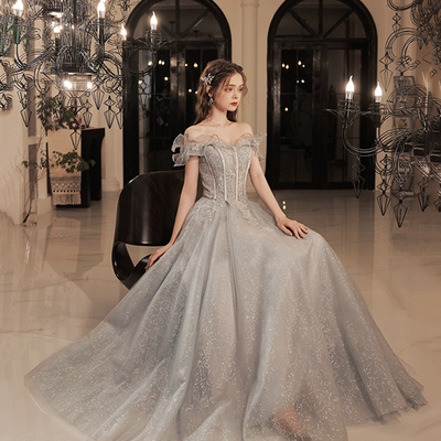 Gray tulle lace long prom dress a line evening dress - Thumbnail 2