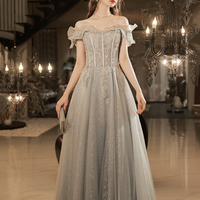 Gray tulle lace long prom dress A line evening dress - Thumbnail 1