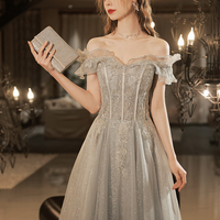 Gray tulle lace long prom dress A line evening dress - Thumbnail 2