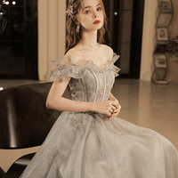 Gray tulle lace long prom dress A line evening dress - Thumbnail 3