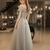 Gray tulle lace long prom dress A line evening dress - Thumbnail 4
