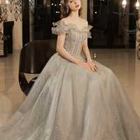Gray tulle lace long prom dress A line evening dress - Thumbnail 5