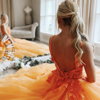 SP2078,Elagant orange v-neck tulle prom dresses a line beaded evening formal dress open back long prom dress  - Thumbnail 2