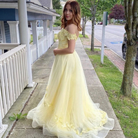SP2079,Off the shoulder prom dress,pastel yellow applique evening dresses,long evening gown,a-line formal dress - Thumbnail 1