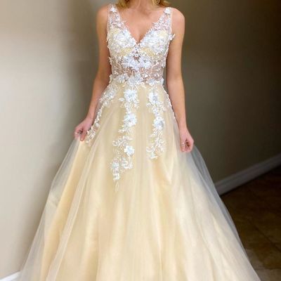 Sp2081,light yellow a-line prom dresses,floral v-neck tulle evening formal dress - Thumbnail 1