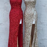 SP2082,Red spaghetti straps prom dresses,long split sequin dress - Thumbnail 3