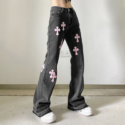 Pink Cross Patch Straight Leg Jeans