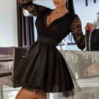 V-Neck Black Long Sleeve Lace Dress - Thumbnail 1