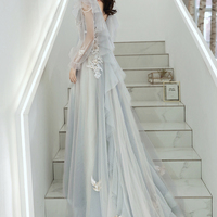 Blue tulle lace long prom dress A line evening dress - Thumbnail 1