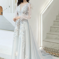 Blue tulle lace long prom dress A line evening dress - Thumbnail 2