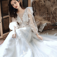 Blue tulle lace long prom dress A line evening dress - Thumbnail 3