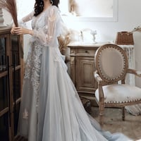 Blue tulle lace long prom dress A line evening dress - Thumbnail 4