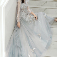 Blue tulle lace long prom dress A line evening dress - Thumbnail 6