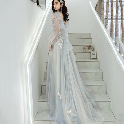 Blue tulle lace long prom dress a line evening dress - Thumbnail 2