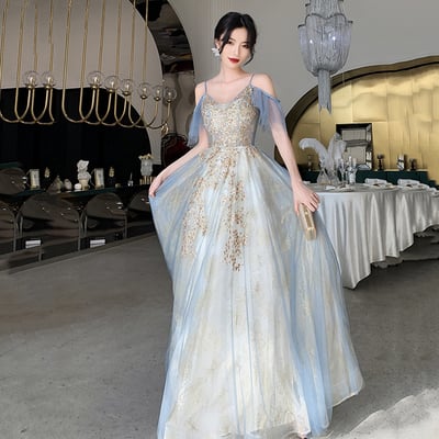 Blue tulle sequins long prom dress evening dress - Thumbnail 2