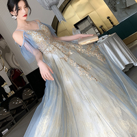 Blue tulle sequins long prom dress evening dress - Thumbnail 1