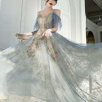 Blue tulle sequins long prom dress evening dress - Thumbnail 2