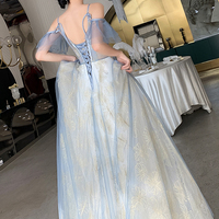 Blue tulle sequins long prom dress evening dress - Thumbnail 3