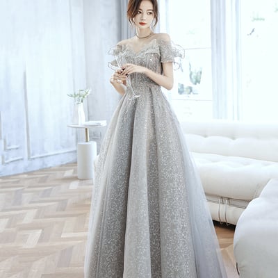 Gray tulle sequins long prom dress a line evening dress - Thumbnail 2