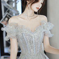 Gray tulle sequins long prom dress A line evening dress - Thumbnail 2