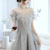 Gray tulle sequins long prom dress A line evening dress - Thumbnail 5