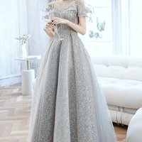 Gray tulle sequins long prom dress A line evening dress - Thumbnail 6