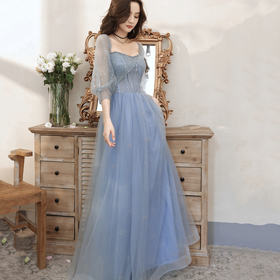 Blue tulle beads long prom dress blue evening dress - Thumbnail 2